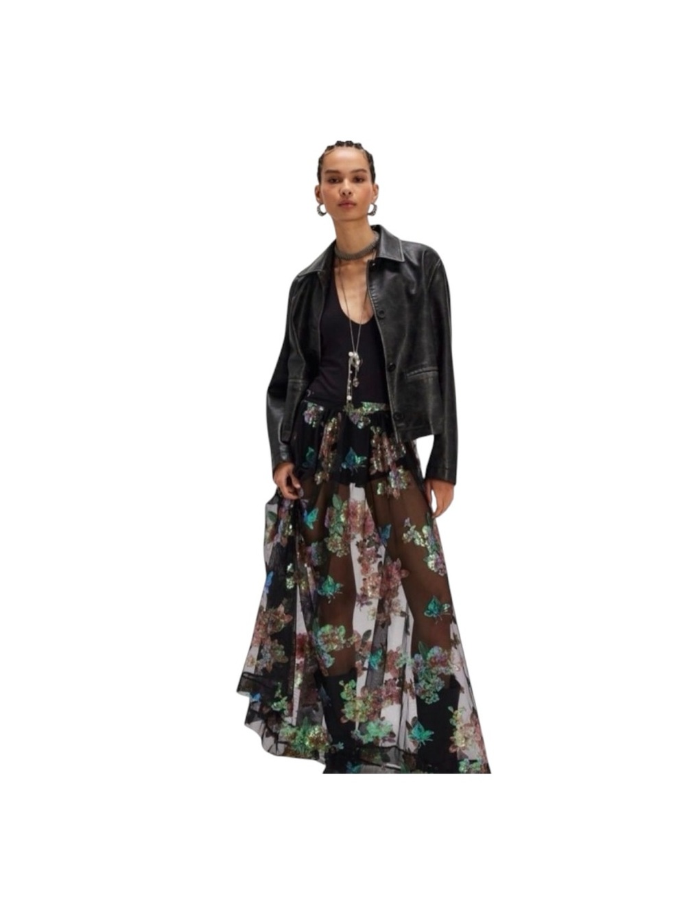 Free People Fioritura Sequin Floral Sheer Maxi Skirt Black Multi Size 4 NWT